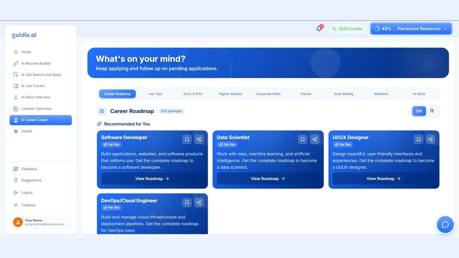 Guidix.ai student dashboard showing the AI career coach, career roadmap and recommended roles