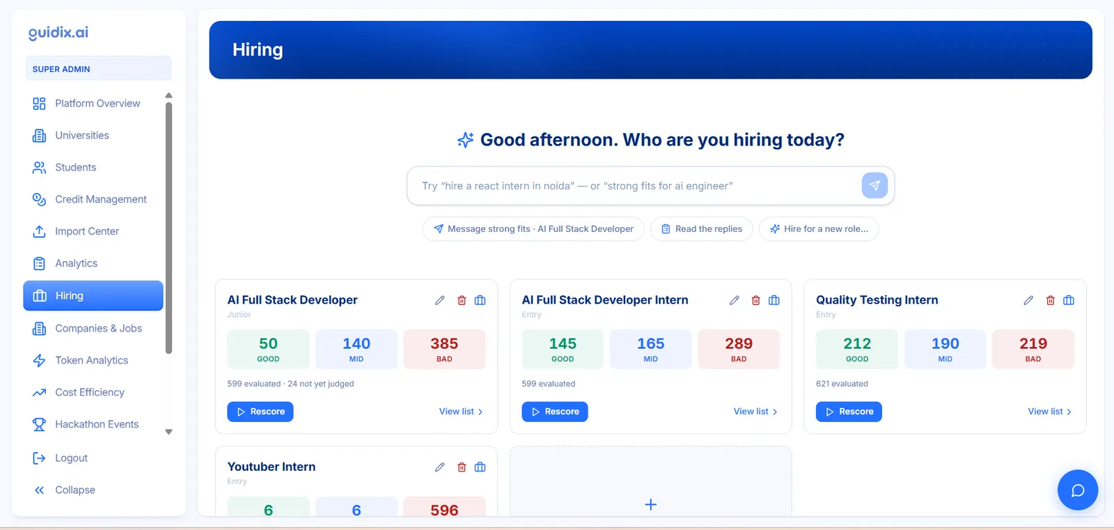 Guidix.ai employer dashboard showing open roles, candidate counts and the AI hiring assistant