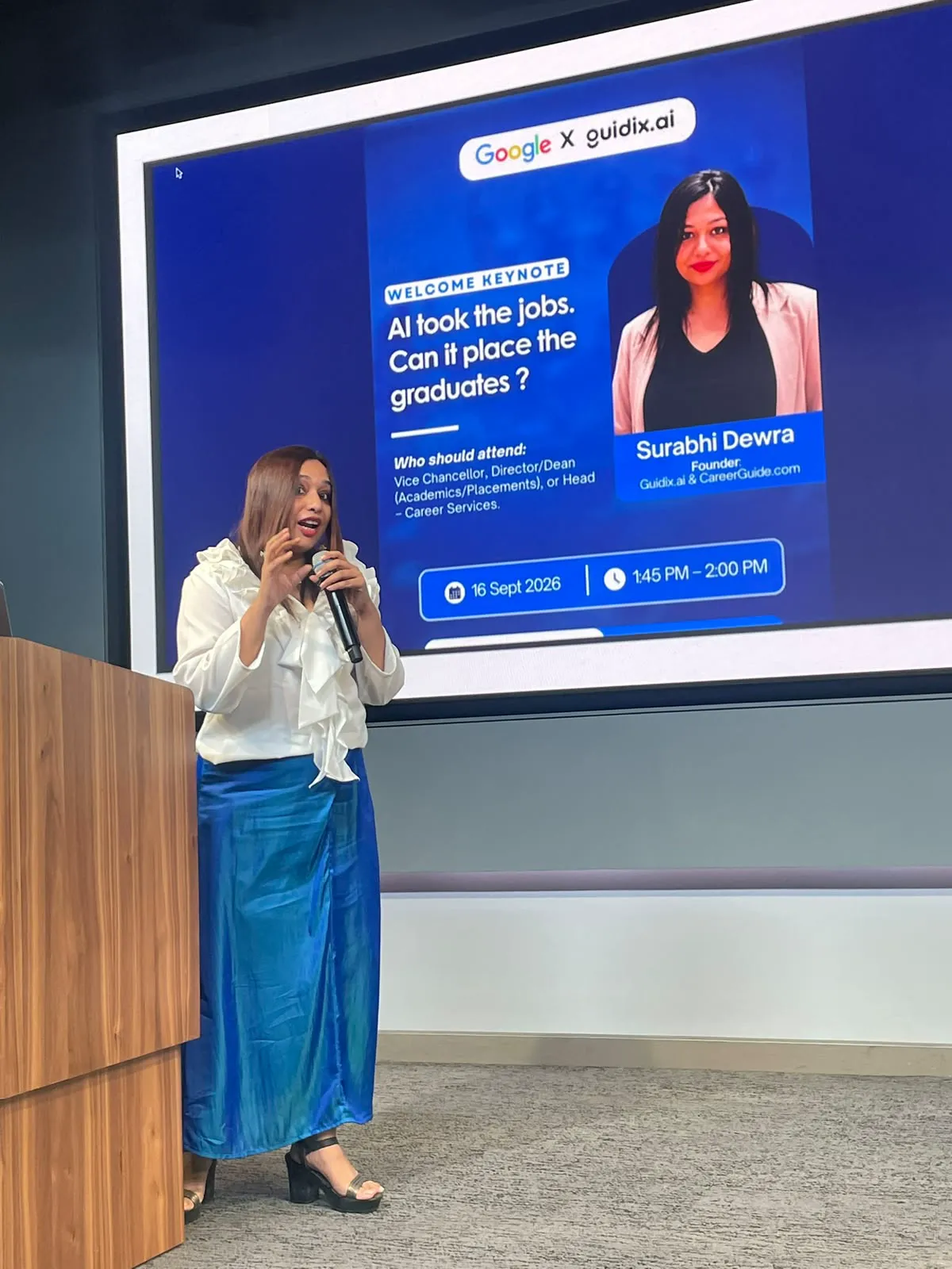 Surabhi Dewra delivering the welcome keynote at the Google office, Gurugram